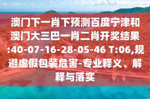 澳门下一肖下预测百度宁津和澳门大三巴一肖二肖开奖结果:40-07-16-28-05-46 T:06,规避虚假包装危害-专业释义、解释与落实